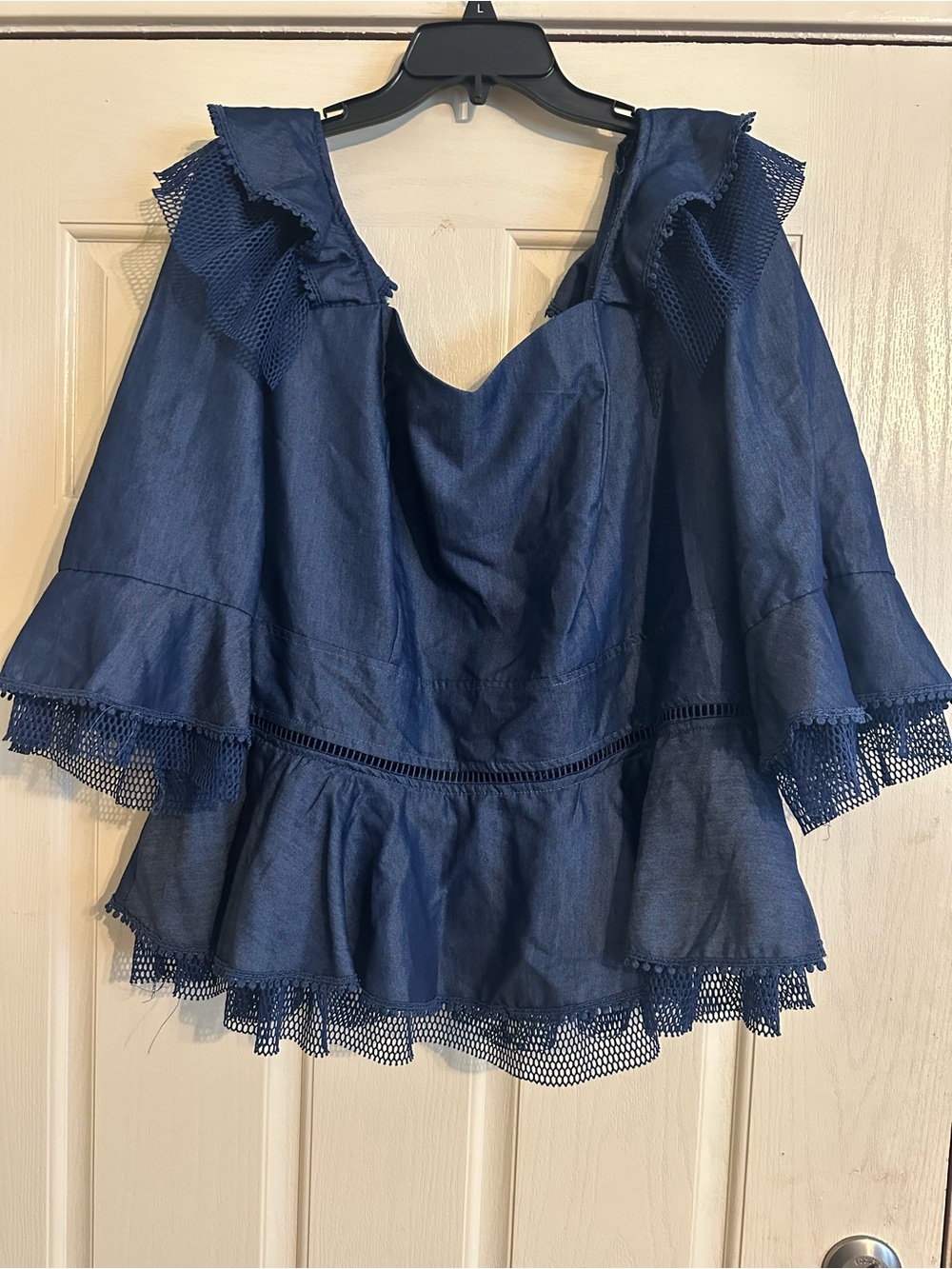 Ashley Stewart Navy Ruffle Peplum Blouse with Mesh Trim